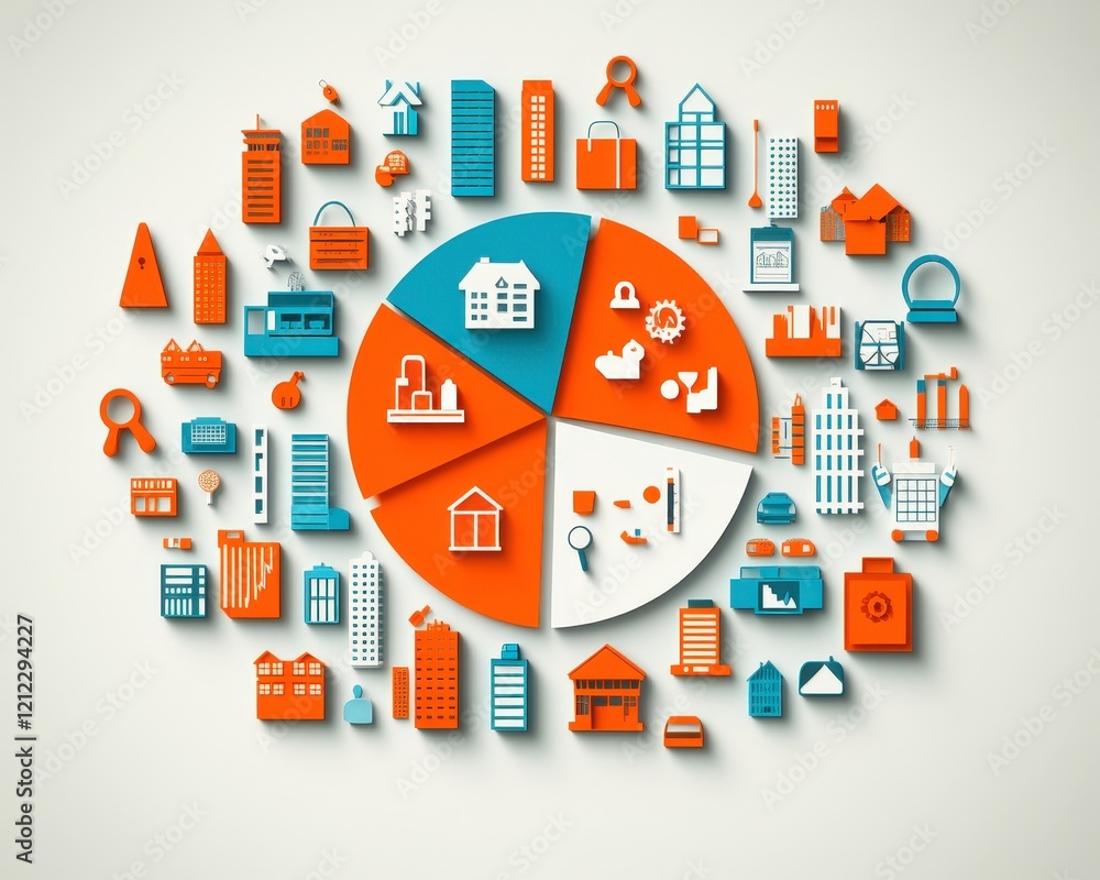 A stylized infographic featuring various building and business icons arranged in a pie chart.