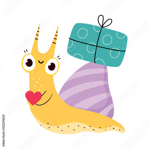 Cute Snail Character with Shell Carrying Gift Box on Its Back Vector Illustration