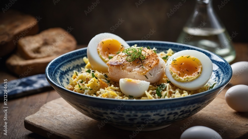 A bowl of rice topped with a poached egg and herbs, served with bread and olive oil. A bowl of rice topped with a poached egg and herbs, served with bread and olive oil.
