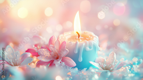 Beautiful candles and flowers on a green background photo