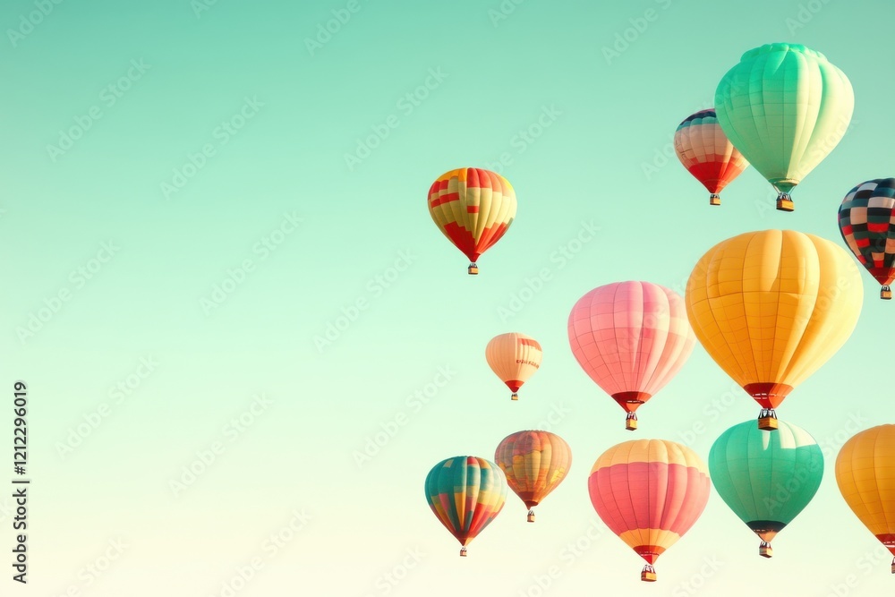 Fototapeta premium Colorful hot air balloons float against a clear blue sky, creating a vibrant and joyful atmosphere.