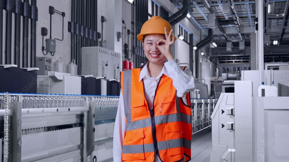 Asian Female Engineer With Safety Helmet Showing Ok Hand Sign Over Eye And Smiling To Camera With Water Production in Bottling Factory Asian Female Engineer With Safety Helmet Showing Ok Hand Sign Over Eye And Smiling To Camera With Water Production in Bottling Factory