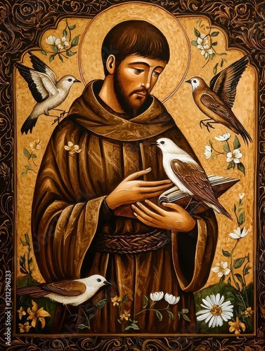 Stunning illustration featuring Saint Francis in a serene landscape.