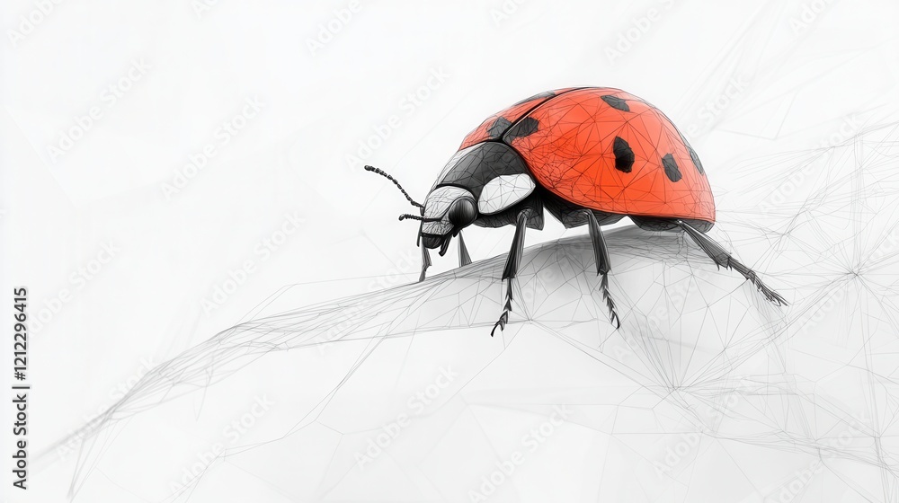 Fototapeta premium Ladybug on Leaf, a low poly design showcasing a vibrant ladybug exploring a textured green leaf in a stylized format