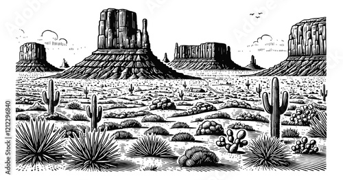 Monument Valley desert landscape engraving black and white outline