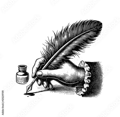 hand holding quill feather pen engraving black and white outline
