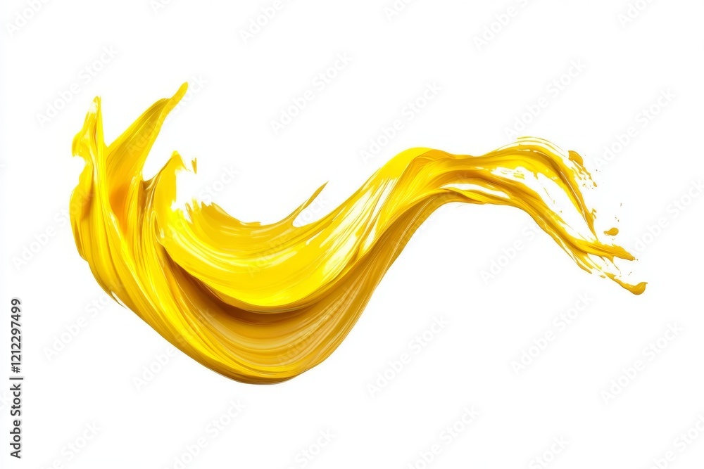 Fototapeta premium A yellow paint stroke on a white background stands out with jagged edges and fluid texture in a minimalist&nbsp;effect