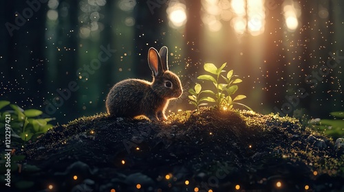 Bunny surrounded by glowing plants releasing oxygen, lifesustaining ecosystem, 3D illustration photo