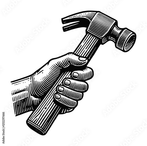 hand holding hammer engraving black and white outline