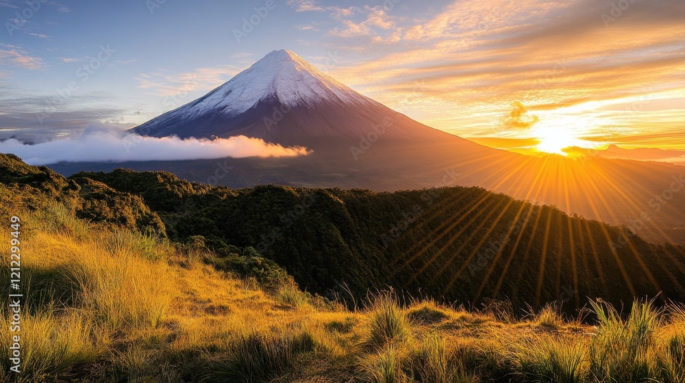 Obraz premium Vibrant sunlight illuminating a mountain peak at dawn, with soft pink and orange hues.
