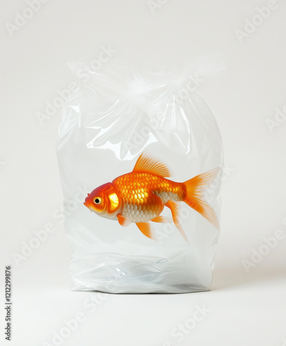 A glass container constrained in a plastic bag, with a goldfish inside photo