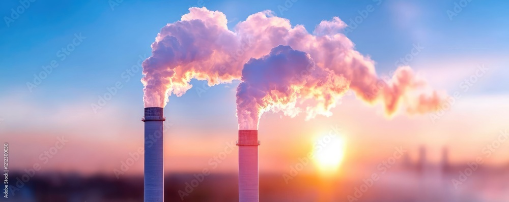 Obraz premium Towering chimneys spewing smoke into the atmosphere, worsening air quality, PM 2.5 theme