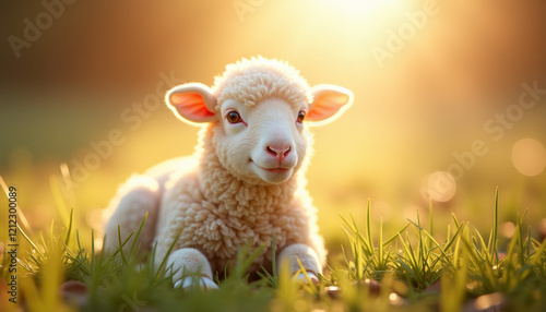 Cute white lamb lying in soft warm light on a grassy background with radiant glow