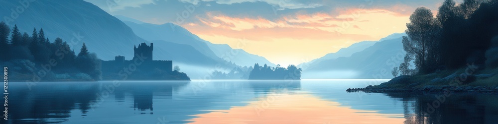 Tranquil Loch Ness Evening with Historic Castle, serene waters reflecting twilight hues, ancient architecture nestled along the shore Tranquil Loch Ness Evening with Historic Castle, serene waters reflecting twilight hues, ancient architecture nestled along the shore