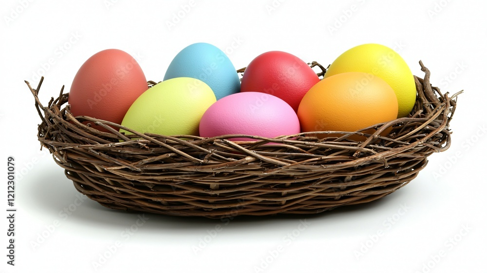 Colorful Easter eggs in bird nest, spring holiday Colorful Easter eggs in bird nest, spring holiday