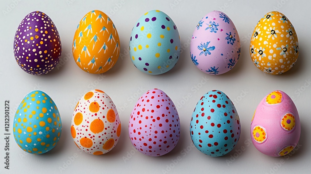 Colorful Easter eggs arranged on white background; spring celebration Colorful Easter eggs arranged on white background; spring celebration