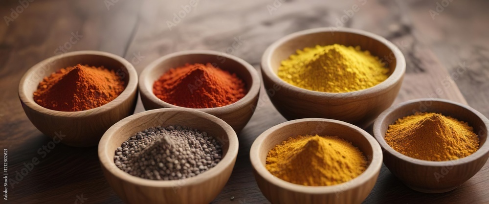 Mix of different spices in small wooden bowls like chili powder, mustard seeds, ginger, and cayenne pepper, culinary tools, condiments, mix, heat, different Mix of different spices in small wooden bowls like chili powder, mustard seeds, ginger, and cayenne pepper, culinary tools, condiments, mix, heat, different