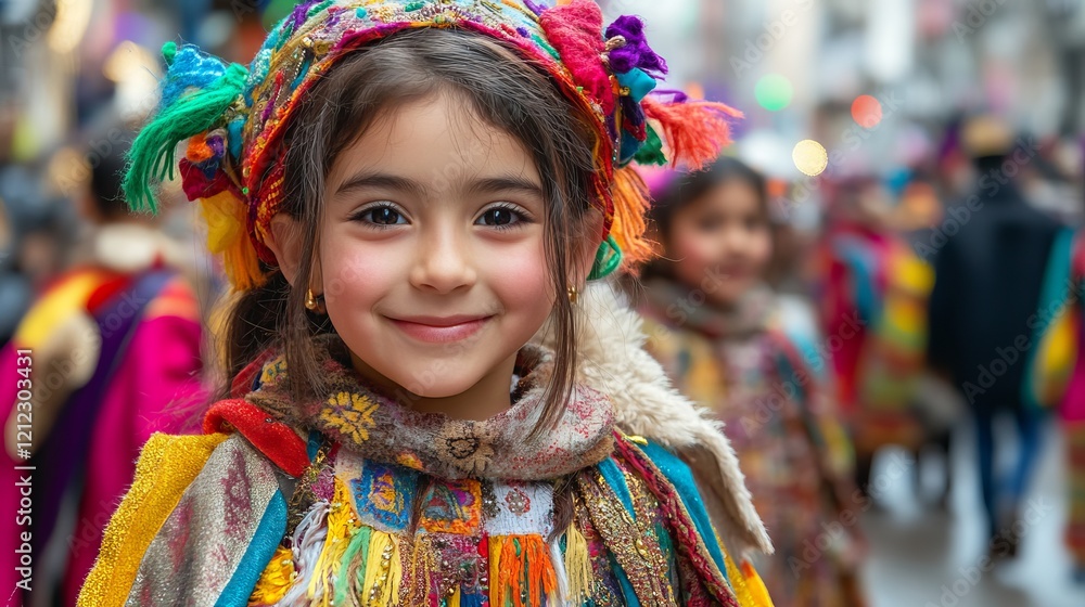 Fototapeta premium Joyful Little Girl in Colorful Dress and Headdress Surrounded by Nature Radiating Happiness and Playfulness