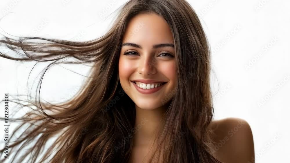 Joyful woman smiling with hair flowing in breeze on a clear day Joyful woman smiling with hair flowing in breeze on a clear day