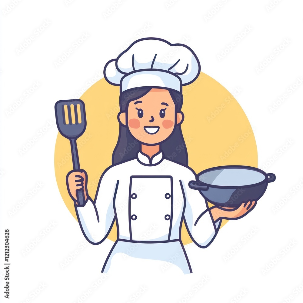 Cartoon chef holding spatula and pan, happy expression, illustration, food, cooking Cartoon chef holding spatula and pan, happy expression, illustration, food, cooking