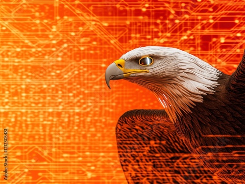 A digital eagle against a circuit-patterned background, symbolizing technology and nature.