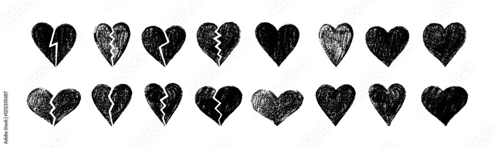 Fototapeta premium Hand-drawn black textured hearts collection with whole and broken designs