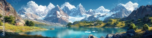 Patagonian Serenity, tranquil vistas of jagged peaks, glaciers, turquoise lakes, and rugged terrain in Chile's breathtaking landscapes