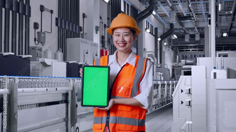 Asian Female Engineer With Safety Helmet Smiling And Showing Green Screen Tablet To The Camera With Water Production in Bottling Factory Asian Female Engineer With Safety Helmet Smiling And Showing Green Screen Tablet To The Camera With Water Production in Bottling Factory