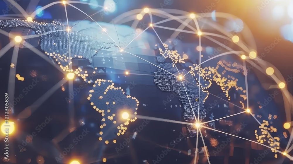 Fototapeta premium Abstract digital world map showcasing global network connections with central globe on blue canvas