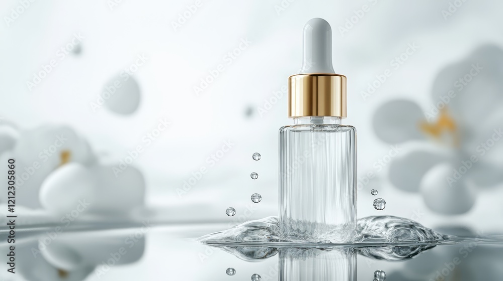 Elegant Dropper Bottle with Water Splash and Flowers Elegant Dropper Bottle with Water Splash and Flowers
