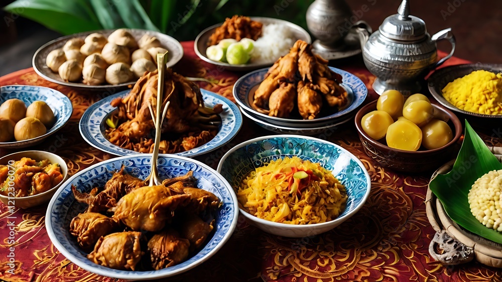 Traditional Indonesian Feast with Various Dishes and Delicacies on a Decorative Table Traditional Indonesian Feast with Various Dishes and Delicacies on a Decorative Table