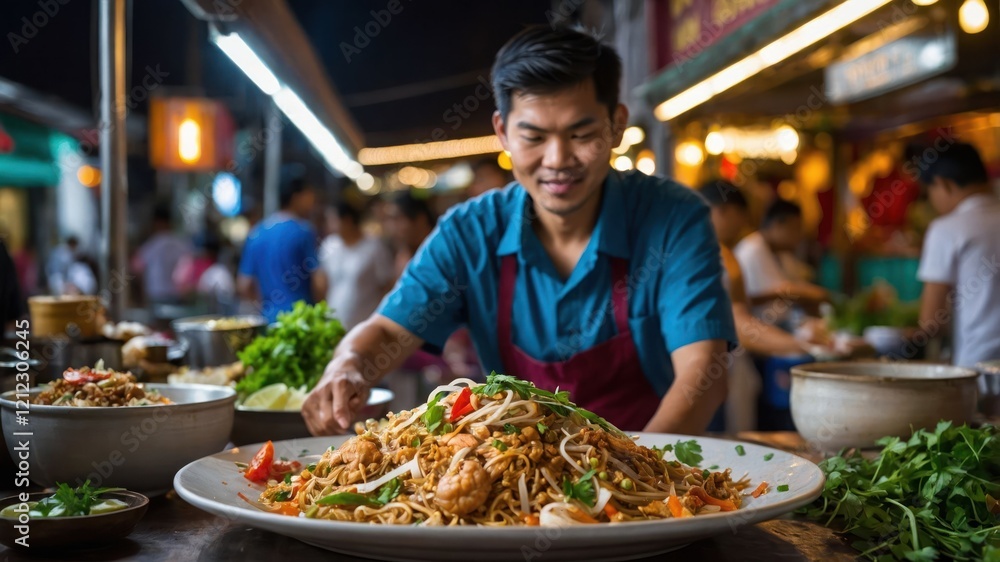 A chef prepares a large plate of stir-fried noodles at a bustling street food market. A chef prepares a large plate of stir-fried noodles at a bustling street food market.