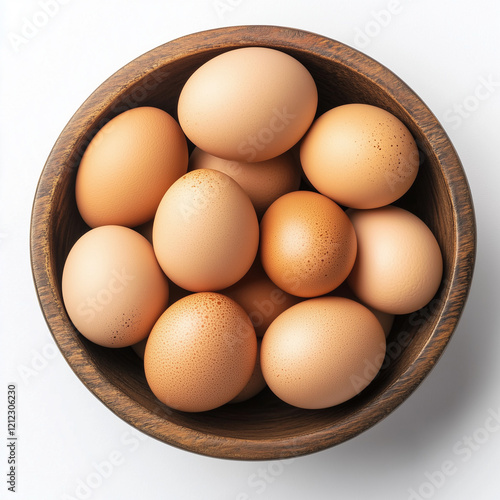 Top view of a wooden bowl filled with brown eggs