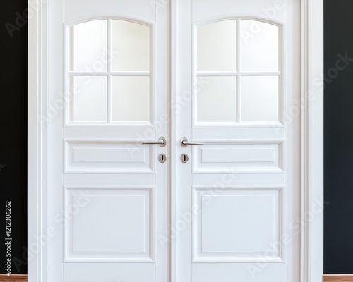 A pair of elegant white double doors with glass panels against a dark wall.