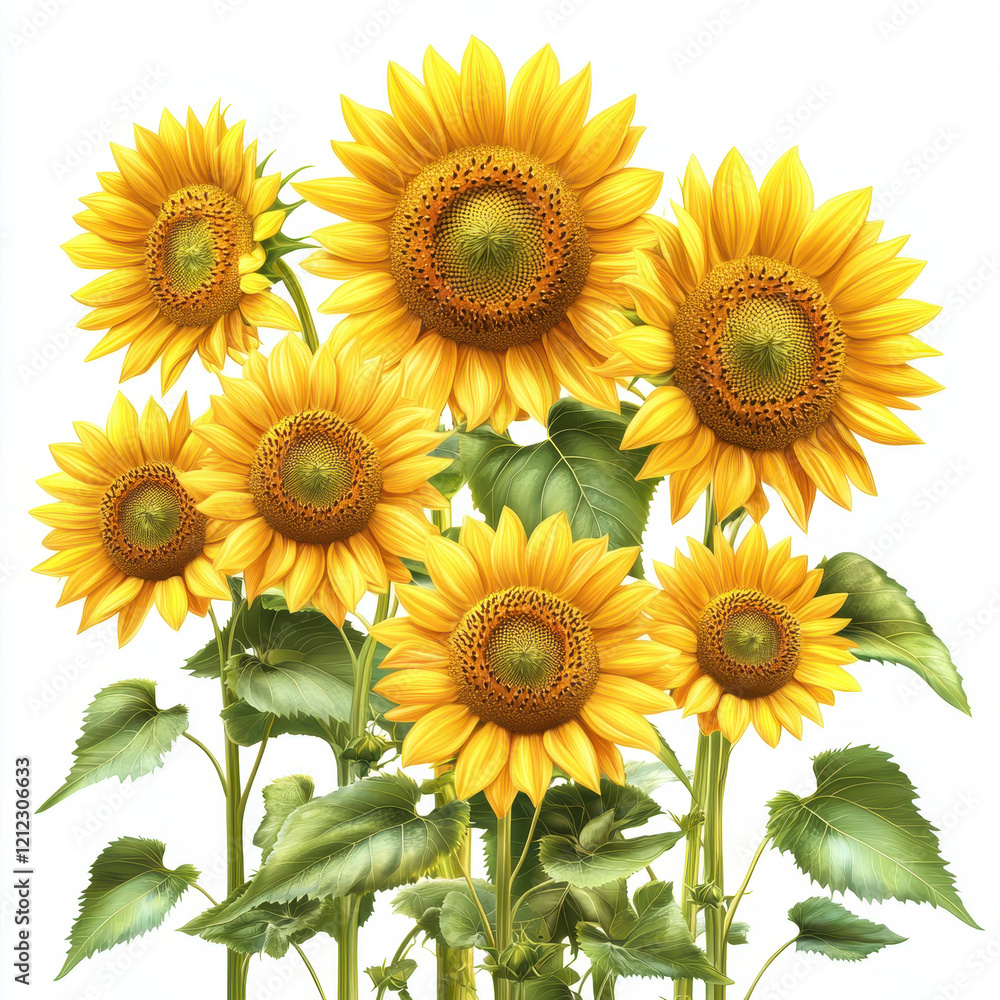 Bright sunflowers in vibrant botanical scene, showcasing their cheerful yellow petals and lush green leaves Bright sunflowers in vibrant botanical scene, showcasing their cheerful yellow petals and lush green leaves