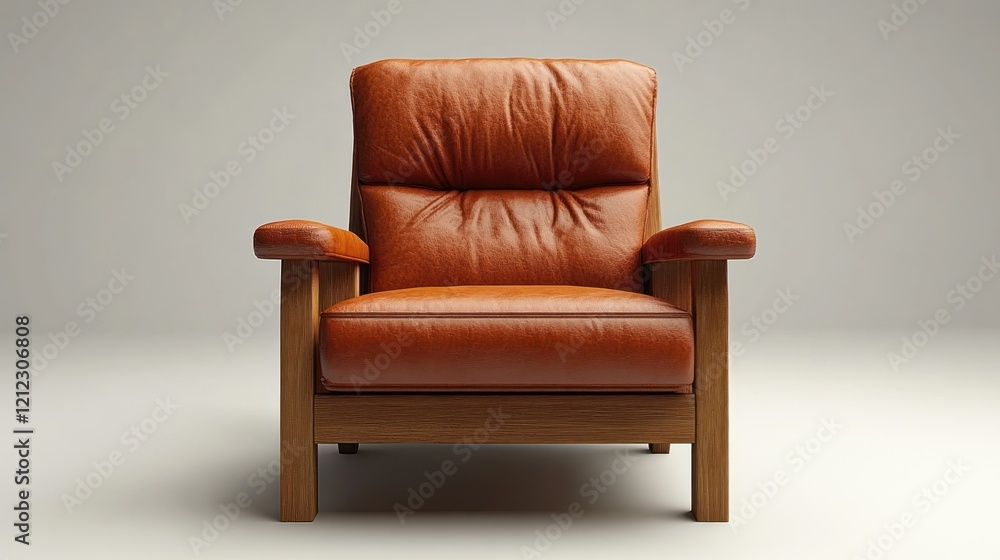 Fototapeta premium Cozy, modern leather armchair with wooden frame, set against a minimalist backdrop for interior decor