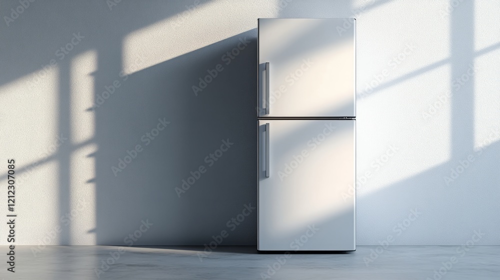 Fototapeta premium A minimalist white refrigerator with smooth edges, placed in front of a light grey background with subtle ambient lighting in 3D render