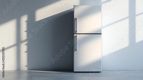 A minimalist white refrigerator with smooth edges  placed in front of a light grey background with subtle ambient lighting in 3D render