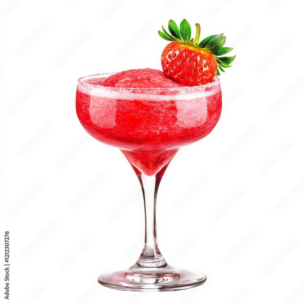 A vibrant strawberry daiquiri with a perfectly blended, slushy texture and a fresh strawberry garnish on the rim, served in a curvy daiquiri glass A vibrant strawberry daiquiri with a perfectly blended, slushy texture and a fresh strawberry garnish on the rim, served in a curvy daiquiri glass