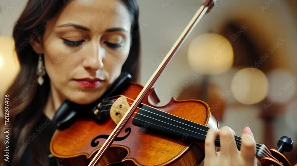 This video shows a woman deeply engaged in playing the violin. The soft lighting highlights her focus and the elegance of the instrument. A moment of artistic expression. Generative AI This video shows a woman deeply engaged in playing the violin. The soft lighting highlights her focus and the elegance of the instrument. A moment of artistic expression. Generative AI
