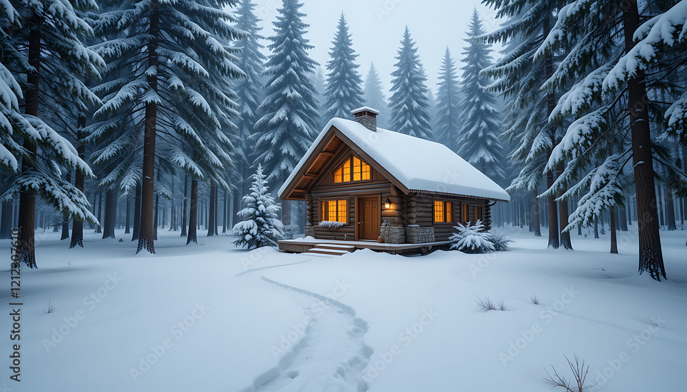 Winter Cabin with Snow-Covered Pine Trees, Frozen Lake, and Smoke from Chimney in a Serene Snowy Landscape Winter Cabin with Snow-Covered Pine Trees, Frozen Lake, and Smoke from Chimney in a Serene Snowy Landscape