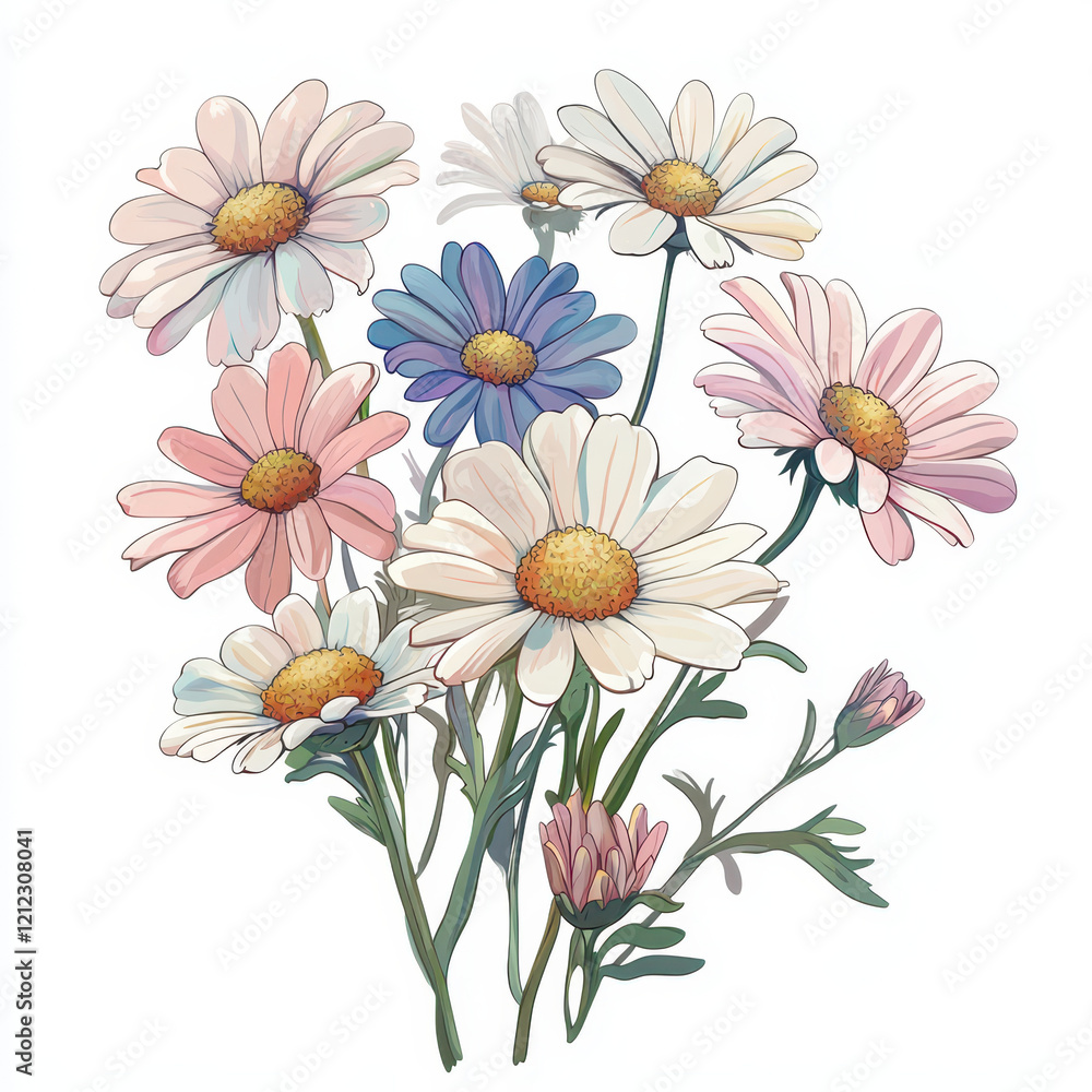Fototapeta premium Whimsical daisy cluster with colorful blooms and botanical charm, perfect for decoration