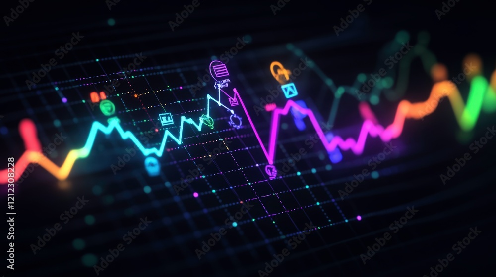 Abstract digital graph with colorful data points and icons representing analytics. Abstract digital graph with colorful data points and icons representing analytics.