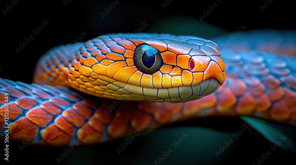 Fototapeta premium Vibrant snake portrait, rainforest, night, closeup, wildlife, nature, poster