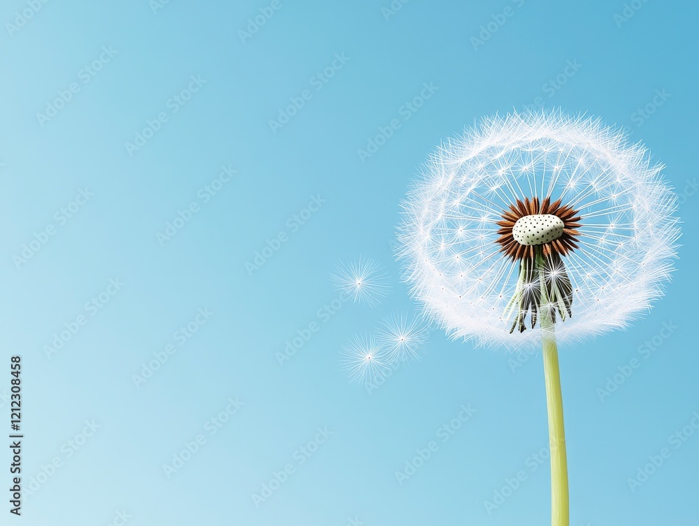 Fototapeta premium A close-up of a dandelion against a clear blue sky, showcasing its delicate seeds.