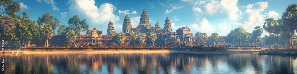 Serene Angkor Wat Reflection, tranquil temple complex in Cambodia, framed by a calm reflecting pool, low poly design, harmonious atmosphere Serene Angkor Wat Reflection, tranquil temple complex in Cambodia, framed by a calm reflecting pool, low poly design, harmonious atmosphere