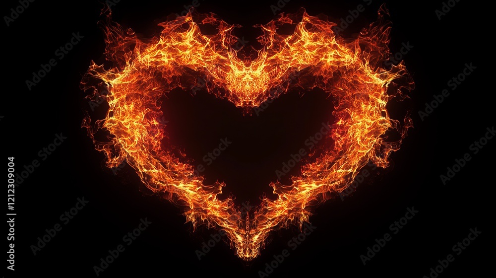 Fototapeta premium Passionate Heart of Flame Illuminating Darkness with Intense Glow and Fiery Energy on Black Background
