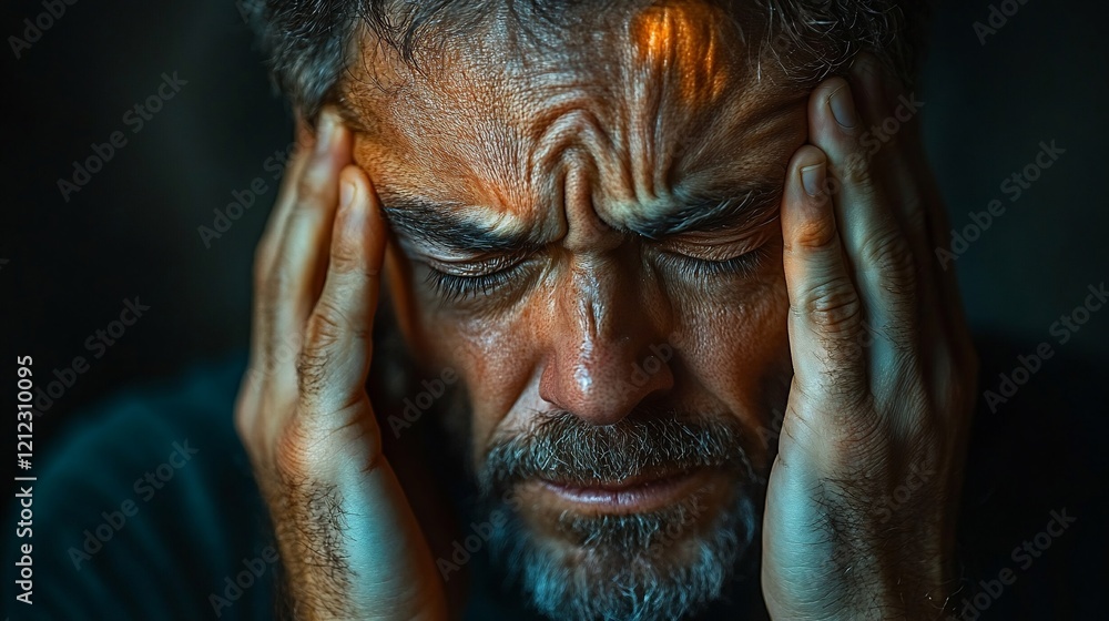 Man Suffering from Severe Headache, Pain, and Distress. Close-up Portrait Depicting the Agony of Migraine, Stress, or Mental Health Issues. Man Suffering from Severe Headache, Pain, and Distress. Close-up Portrait Depicting the Agony of Migraine, Stress, or Mental Health Issues.