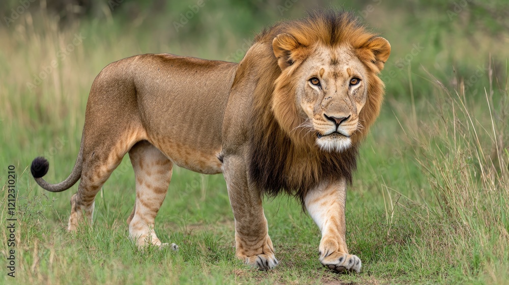 Obraz premium Lion with a thick mane and intense gaze stands proudly in the African savannah, epitomizing strength and majesty at dusk