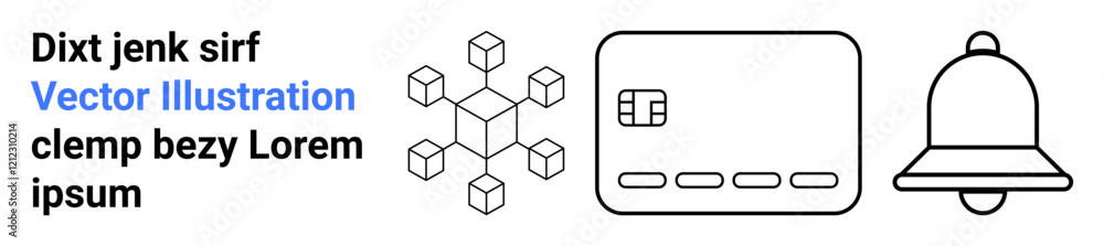 Geometric network structure, card icon, and bell icon placed sequentially with placeholder text. Ideal for technology, finance, notifications, web design, digital communication, infographics Geometric network structure, card icon, and bell icon placed sequentially with placeholder text. Ideal for technology, finance, notifications, web design, digital communication, infographics